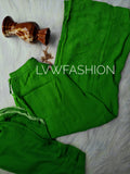 Green premium georgette 3-piece plazzos set by LVW Fashion Luxurious Chikankari, includes top, plazzos, and dupatta.