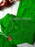 Green premium georgette 3-piece plazzos set by LVW Fashion Luxurious Chikankari, featuring flowy fabric and intricate detailing.