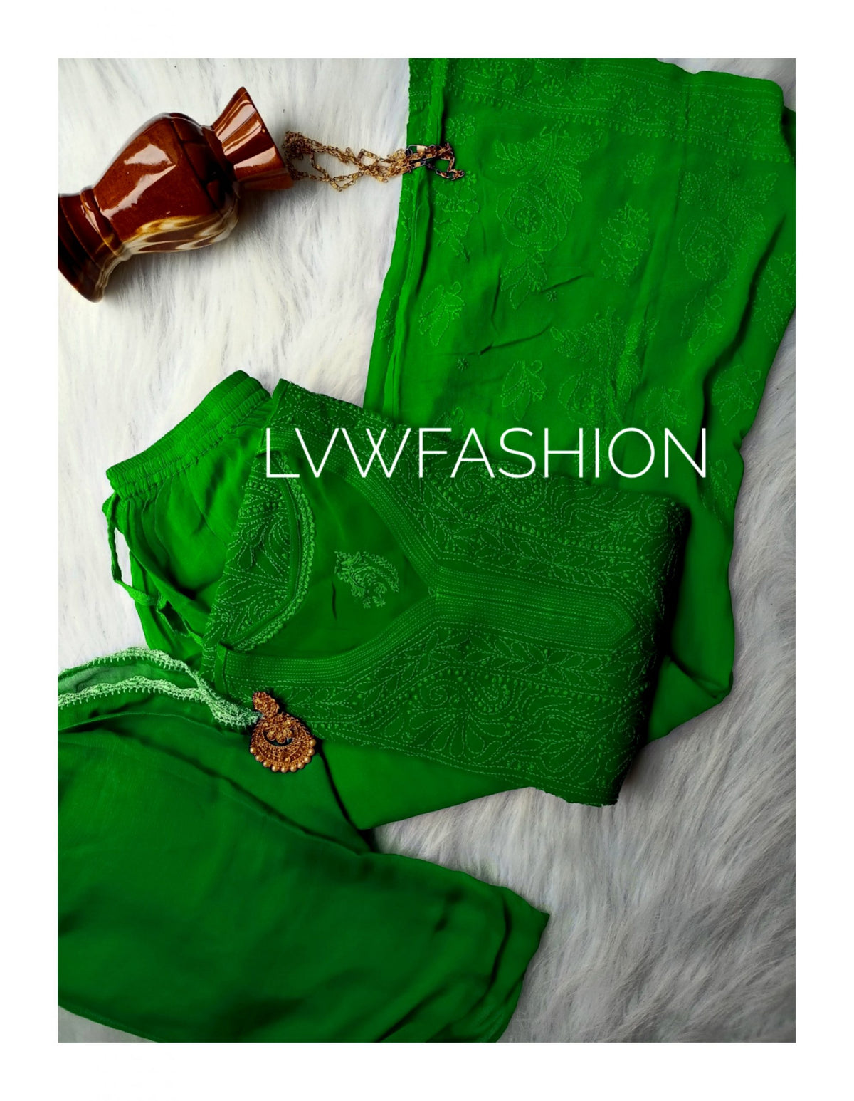 Green premium georgette 3-piece plazzos set by LVW Fashion with intricate chikankari embroidery, stylish and comfortable.
