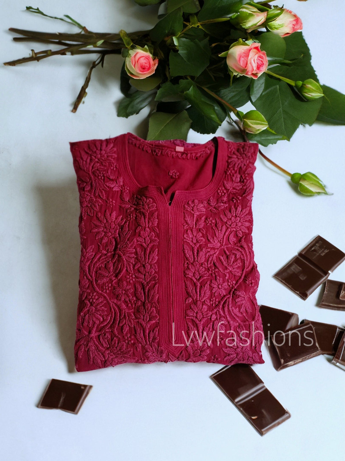 Mahira Claret Shade Premium Silk Chikankari Long Kurti with Inner from LVW Fashion, showcasing intricate embroidery and elegant design.