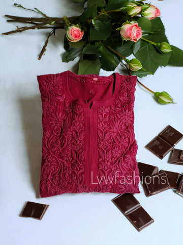 Mahira Claret Shade Premium Silk Chikankari Long Kurti with Inner from LVW Fashion, showcasing intricate embroidery and elegant design.