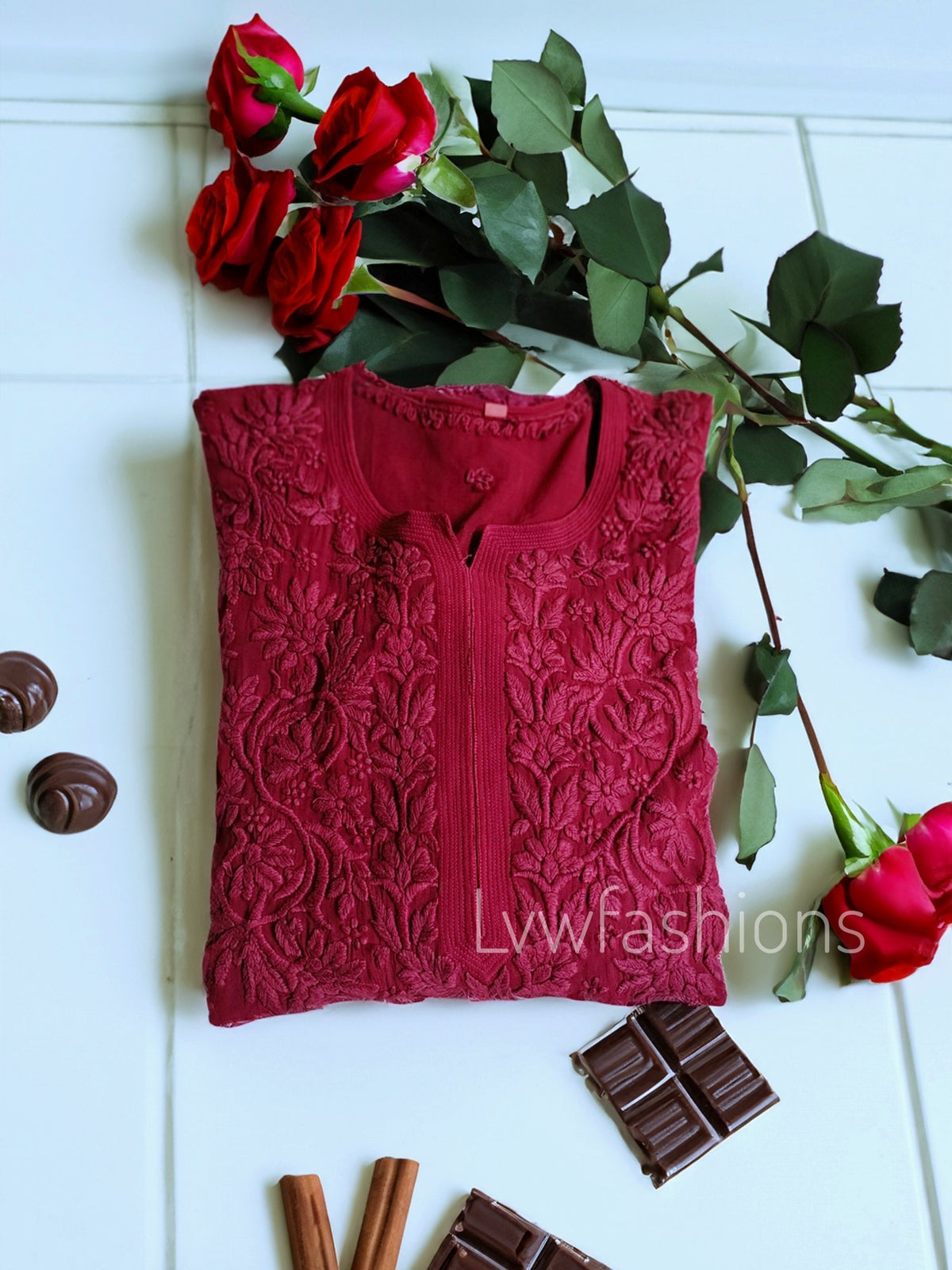 Mahira Claret Shade premium silk Chikankari long kurti with inner, traditional LVW Fashion Luxurious Chikankari embroidery.