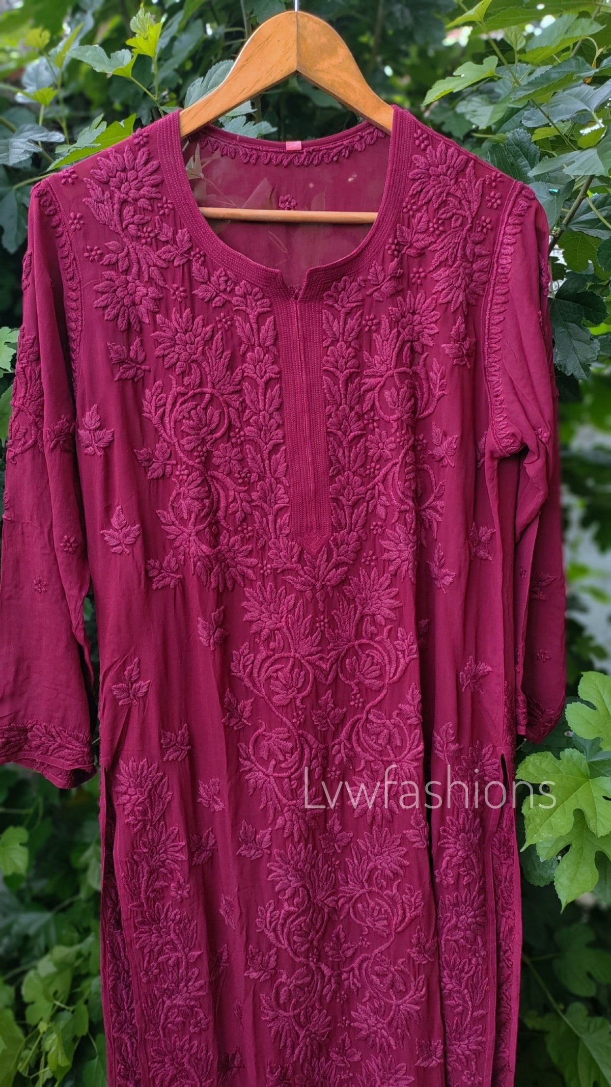 Mahira Claret Shade Premium Silk Chikankari Long Kurti with Inner by LVW Fashion, showcasing intricate embroidery and elegant design