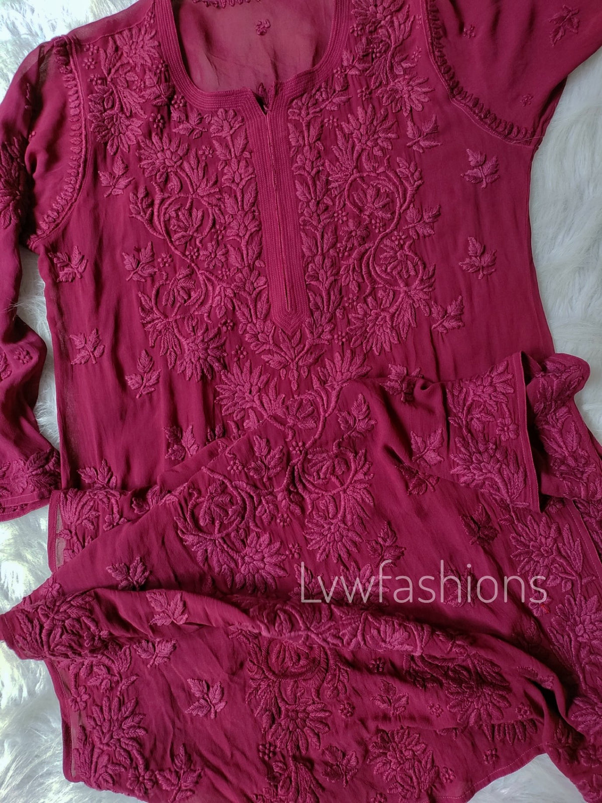 Mahira Claret Shade premium silk Chikankari long kurti with inner, stylish and elegant traditional Indian dress by LVW Fashion.