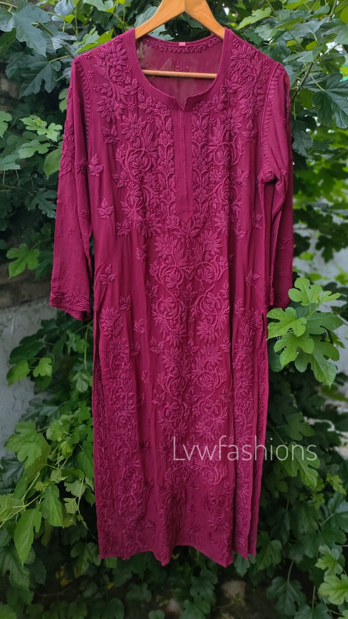 Luxurious Mahira Claret Shade silk Chikankari long kurti by LVW Fashion with intricate embroidery and matching inner.