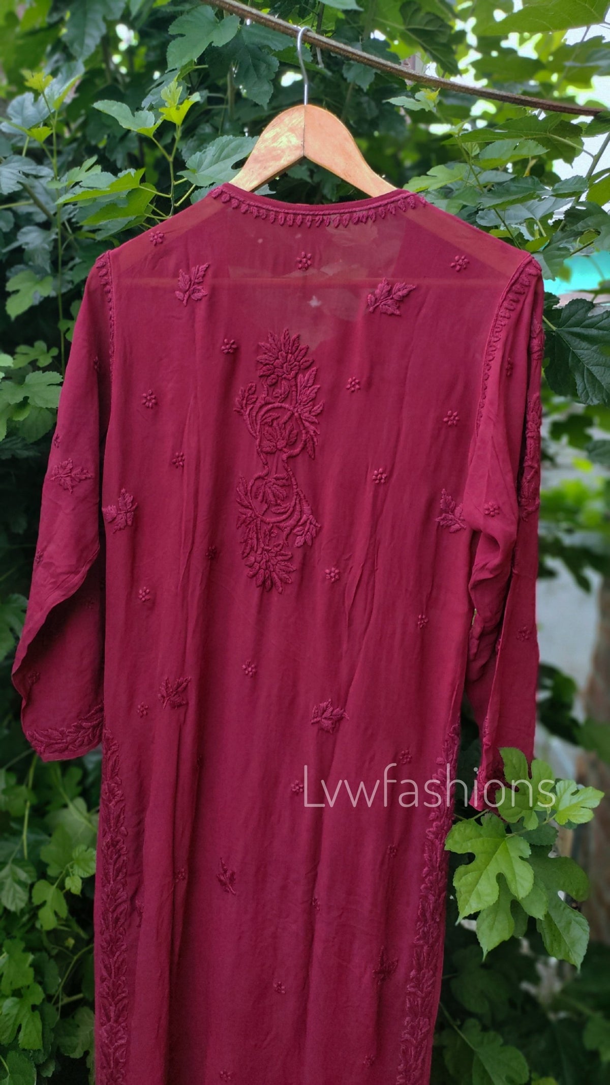 Mahira Claret Shade Premium Silk Chikankari Long Kurti with Inner, traditional LVW Fashion Luxurious Chikankari embroidery, elegant ethnic wear