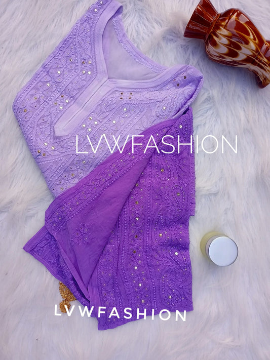 Lavender ombre georgette kurta with intricate chikankari embroidery and matching slip by LVW Fashion Luxurious Chikankari