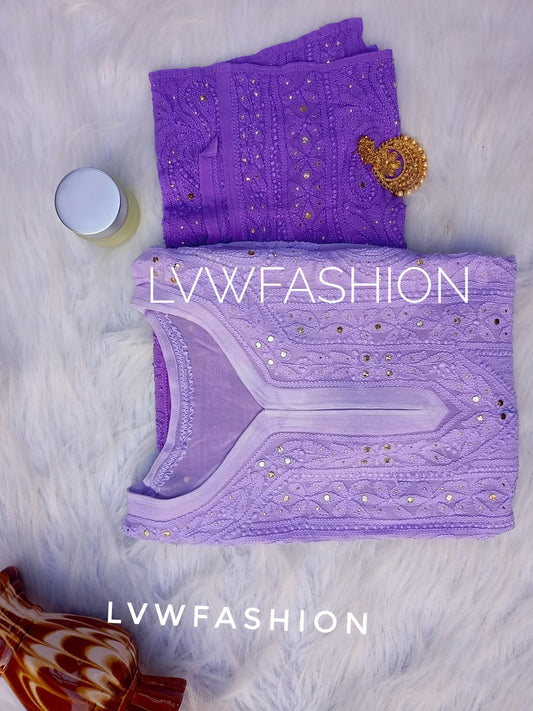 Lavender ombre georgette kurta with chikankari embroidery from LVW Fashion, featuring a matching slip and elegant design.