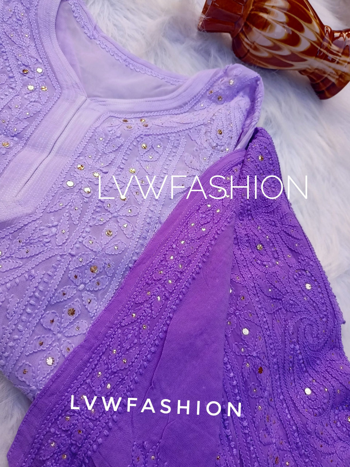 Premium lavender ombre Georgette Kurta with Chikankari embroidery and matching slip, designed by LVW Fashion.