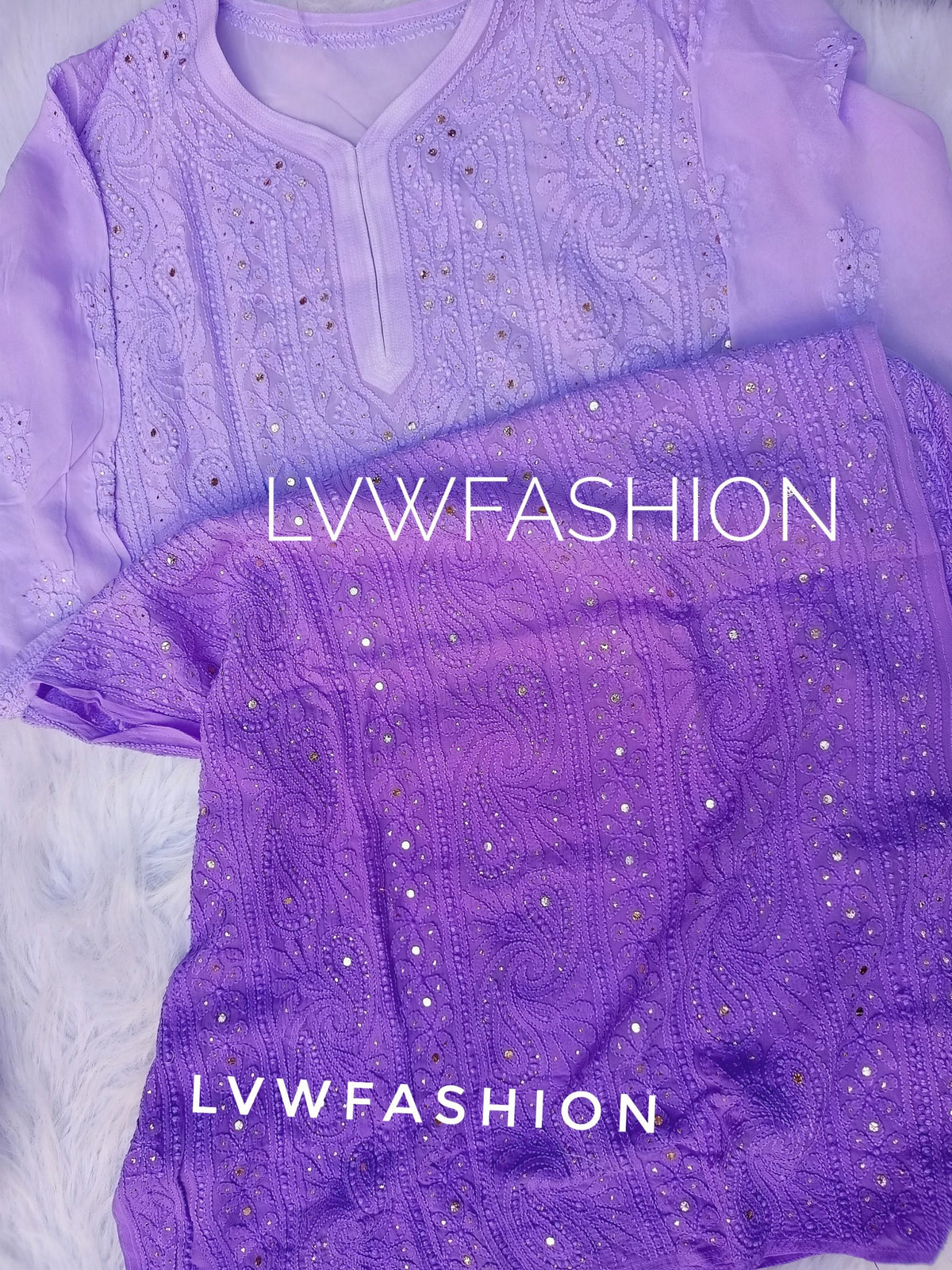 Lavender ombre georgette kurta with chikankari embroidery and slip by LVW Fashion Luxurious Chikankari.