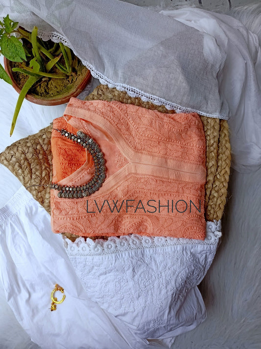 Peach ombre love premium georgette 3-piece set with intricate chikankari embroidery by LVW Fashion, featuring traditional and elegant design.