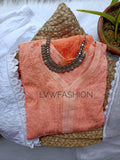 Peach ombre Love premium georgette 3-piece set by LVW Fashion with intricate chikankari embroidery on a luxurious fabric.
