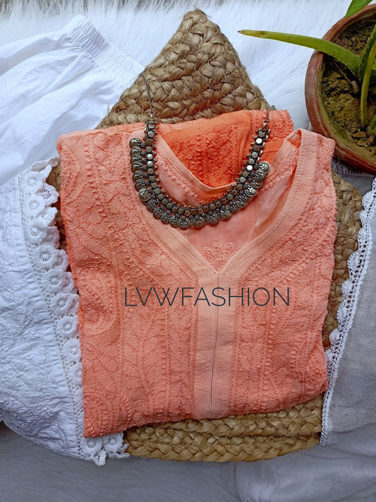 Peach ombre love premium georgette 3-piece set by LVW Fashion with intricate chikankari embroidery and elegant drape.