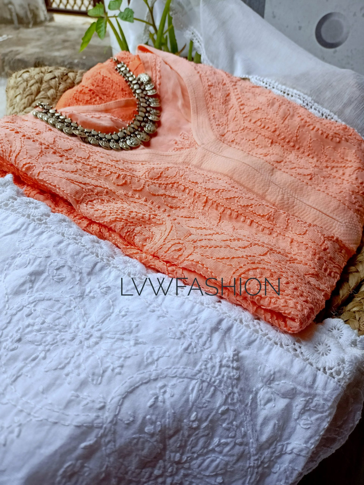 Peach ombre Love premium georgette 3-piece set by LVW Fashion Luxurious Chikankari, featuring elegant fabric and intricate design.