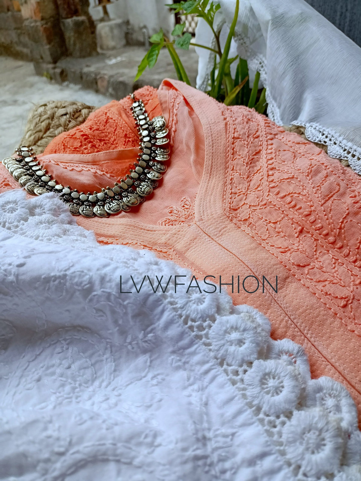 Peach Ombre Love Premium Georgette 3-piece set by LVW Fashion featuring intricate Chikankari embroidery and elegant design.