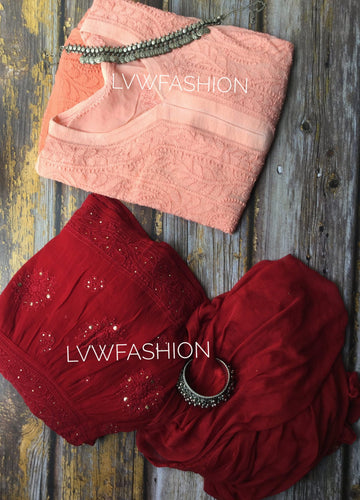 Peach and red contrast premium georgette 3-piece set by LVW Fashion with elegant Chikankari embroidery.