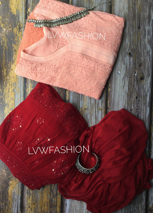Peach and red contrast premium georgette 3-piece set by LVW Fashion with intricate Chikankari embroidery.