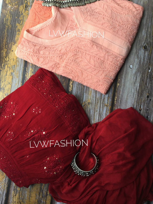 Peach and red contrast premium georgette 3-piece set by LVW Fashion with intricate chikankari embroidery.