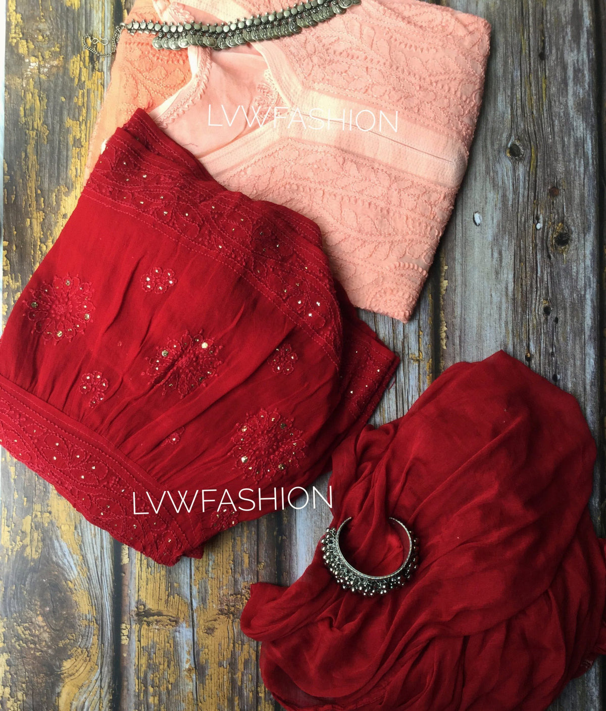 Peach and red contrast premium georgette 3-piece set by LVW Fashion Luxurious Chikankari, featuring elegant fabric and intricate detailing.