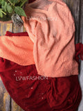 Peach and red contrast premium georgette 3-piece set by LVW Fashion Luxurious Chikankari, featuring elegant fabric and detailed design