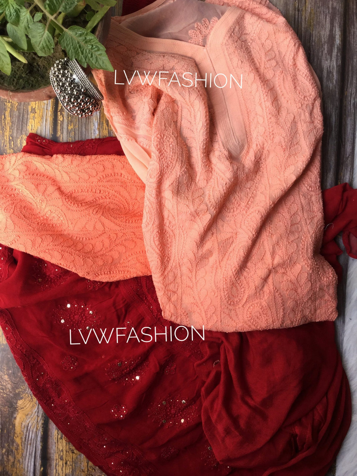 Peach and red contrast premium georgette 3-piece set by LVW Fashion Luxurious Chikankari, featuring elegant fabric and detailed design