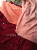 Peach and red contrast premium georgette 3-piece set with intricate chikankari embroidery from LVW Fashion Luxurious Chikankari.