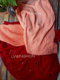 Peach and red contrast premium georgette 3-piece set by LVW Fashion Luxurious Chikankari, featuring elegant embroidery and lightweight fabric.