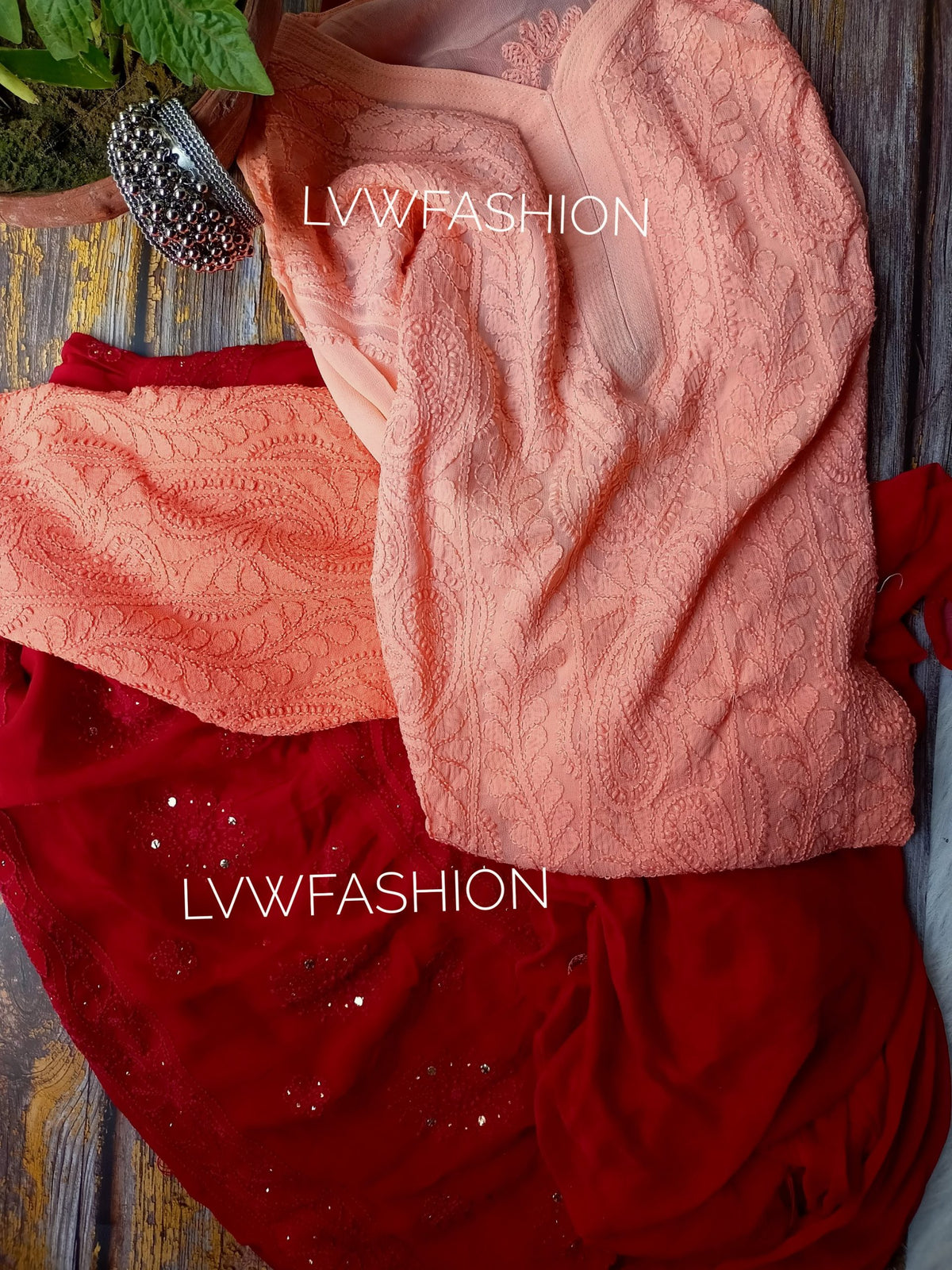 Peach and red contrast premium georgette 3-piece set by LVW Fashion Luxurious Chikankari, featuring elegant embroidery and lightweight fabric.