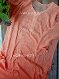 Peach and red contrast premium georgette 3-piece set by LVW Fashion Luxurious Chikankari, featuring elegant fabric and detailed embroidery.