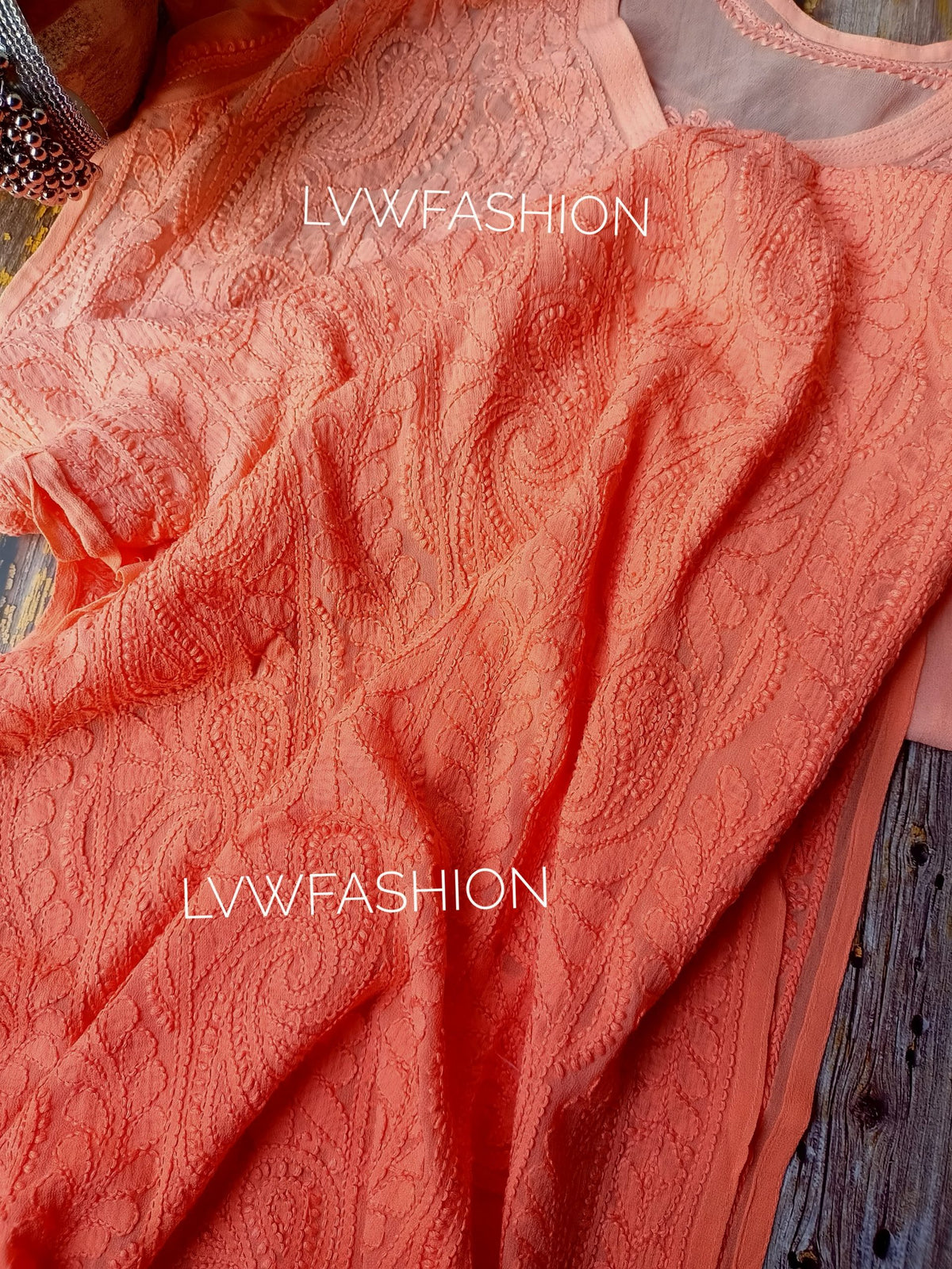 Peach and red contrast premium georgette 3-piece set by LVW Fashion Luxurious Chikankari, featuring traditional embroidery and elegant design.