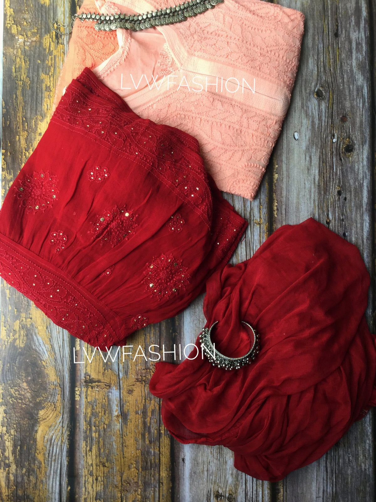 Peach and red contrast premium georgette 3-piece set with intricate chikankari embroidery by LVW Fashion.