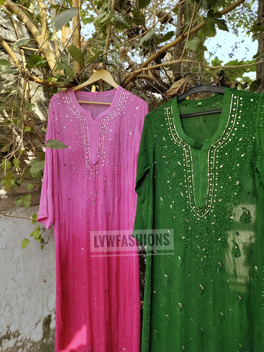 Pink MEERA premium georgette long chikankari kurta with resham embroidery and silk slip inner, by LVW Fashion Luxurious Chikankari.