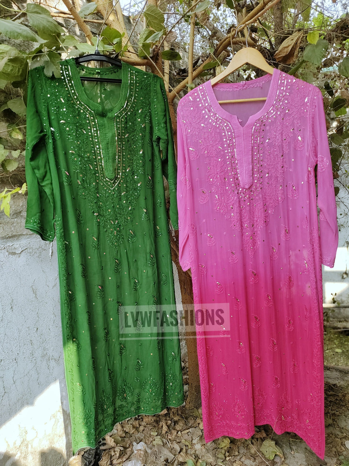 Pink MEERA premium georgette long Chikankari kurta with Resham embroidery and silk slip inner, by LVW Fashion Luxurious Chikankari.