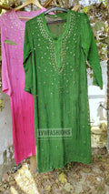 Pink Meera premium georgette long Chikankari kurta with Resham embroidery and silk slip inner by LVW Fashion Luxurious Chikankari.
