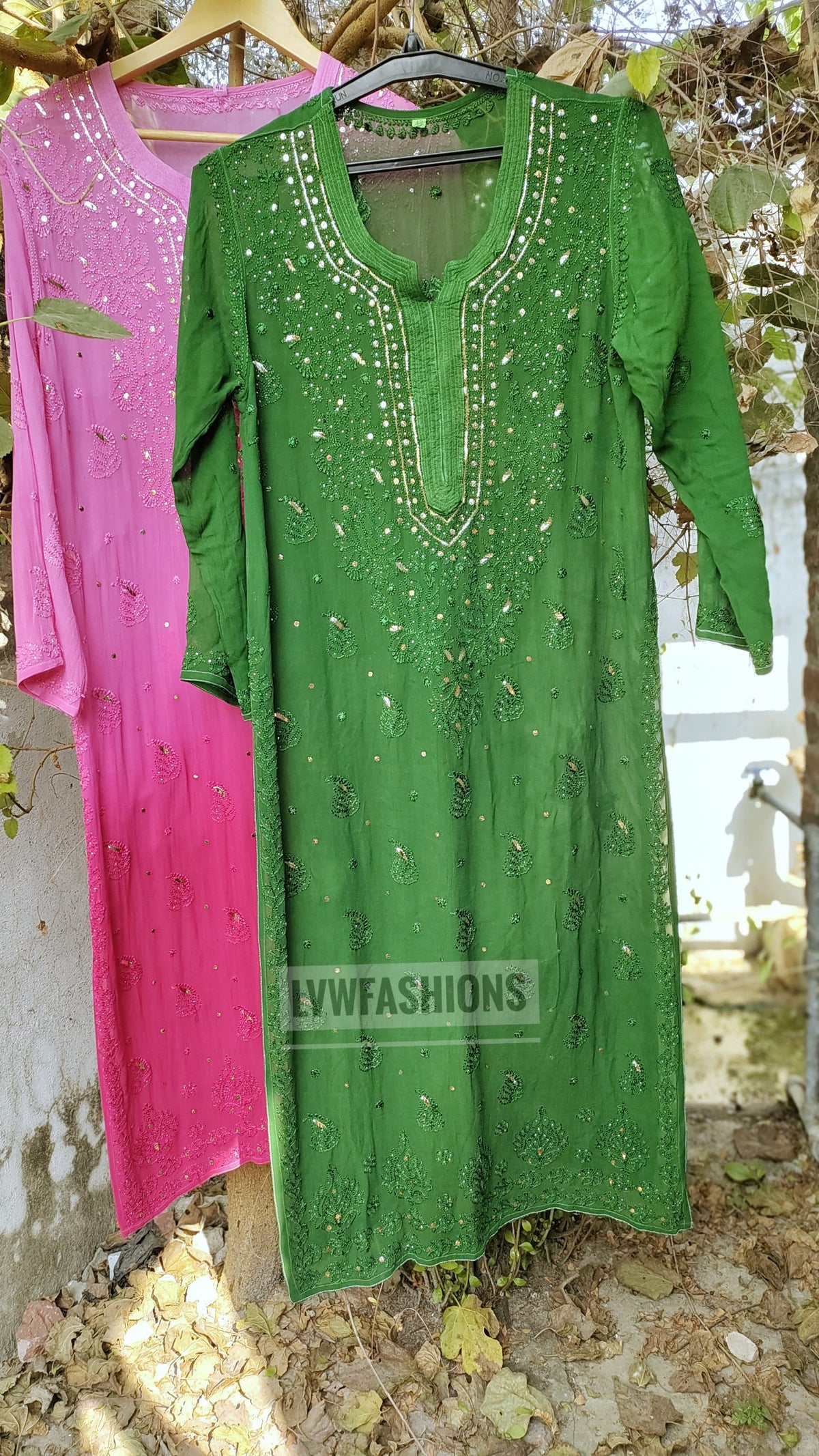 Pink Meera premium georgette long Chikankari kurta with Resham embroidery and silk slip inner by LVW Fashion Luxurious Chikankari.