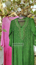 Pink MEERA premium georgette long chikankari kurta with Resham embroidery and silk slip inner, by LVW Fashion Luxurious Chikankari.
