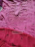 Pink MEERA premium georgette long Chikankari kurta with Resham embroidery and silk slip inner, by LVW Fashion Luxurious Chikankari.