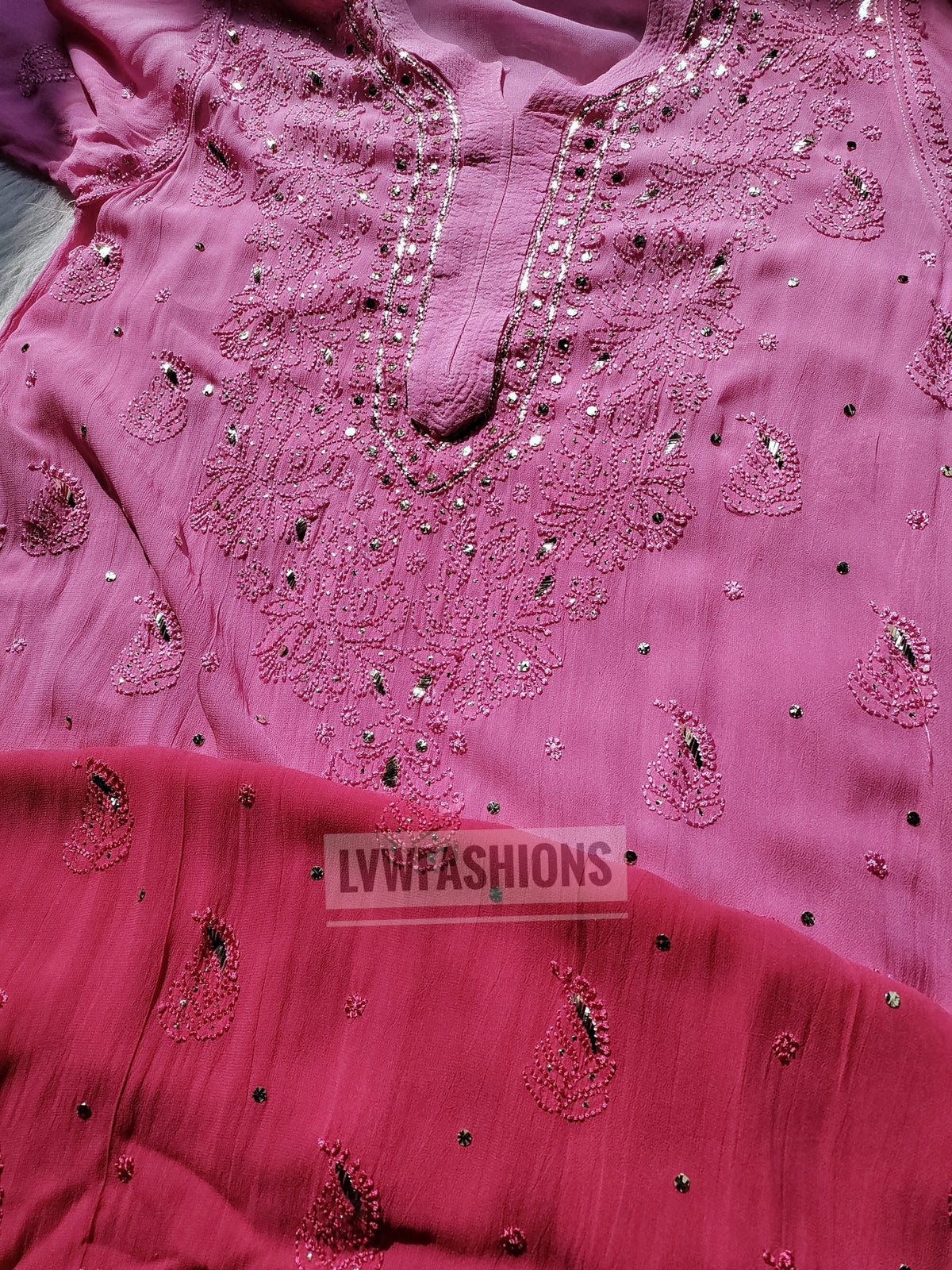 Pink MEERA premium georgette long Chikankari kurta with Resham embroidery and silk slip inner, by LVW Fashion Luxurious Chikankari.