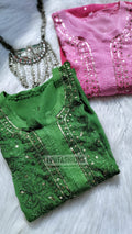 Pink MEERA premium georgette long chikankari kurta with Resham embroidery and silk slip inner, by LVW Fashion Luxurious Chikankari.