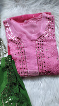 Pink MEERA premium georgette Chikankari kurta with long Resham embroidery and silk slip inner, elegant traditional Indian attire.