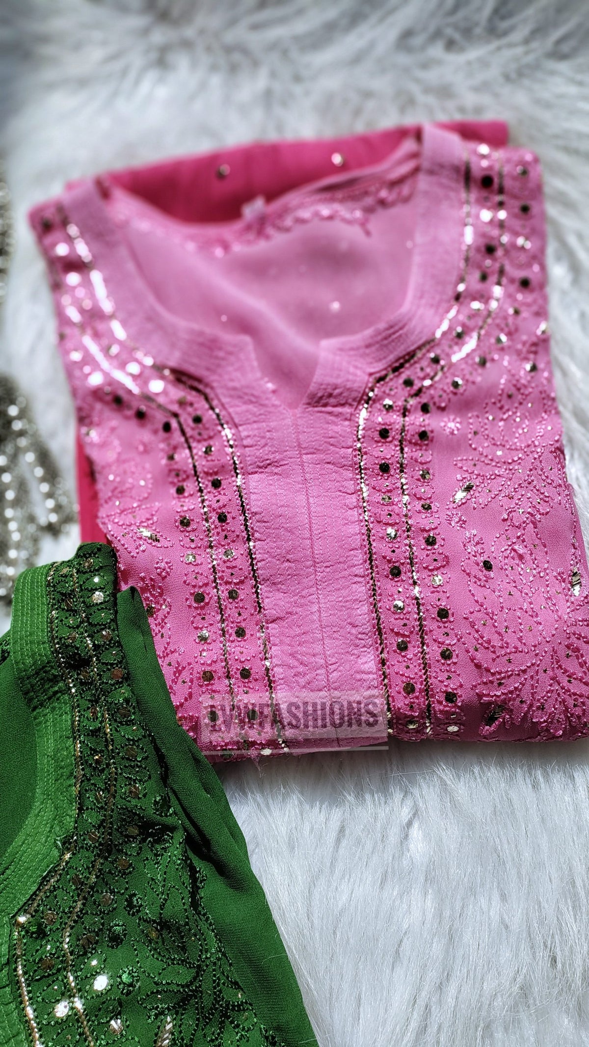 Pink MEERA premium georgette Chikankari kurta with long Resham embroidery and silk slip inner, elegant traditional Indian attire.