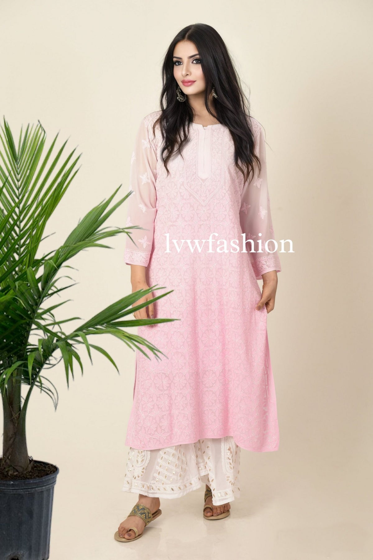 Pink and white premium Georgette Kurta and Sharara set by LVW Fashion with intricate Chikankari embroidery.