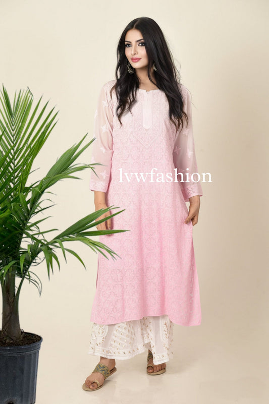 Pink and white Georgette Kurta and Sharara set with intricate Chikankari embroidery by LVW Fashion, featuring detailed fabric and design.