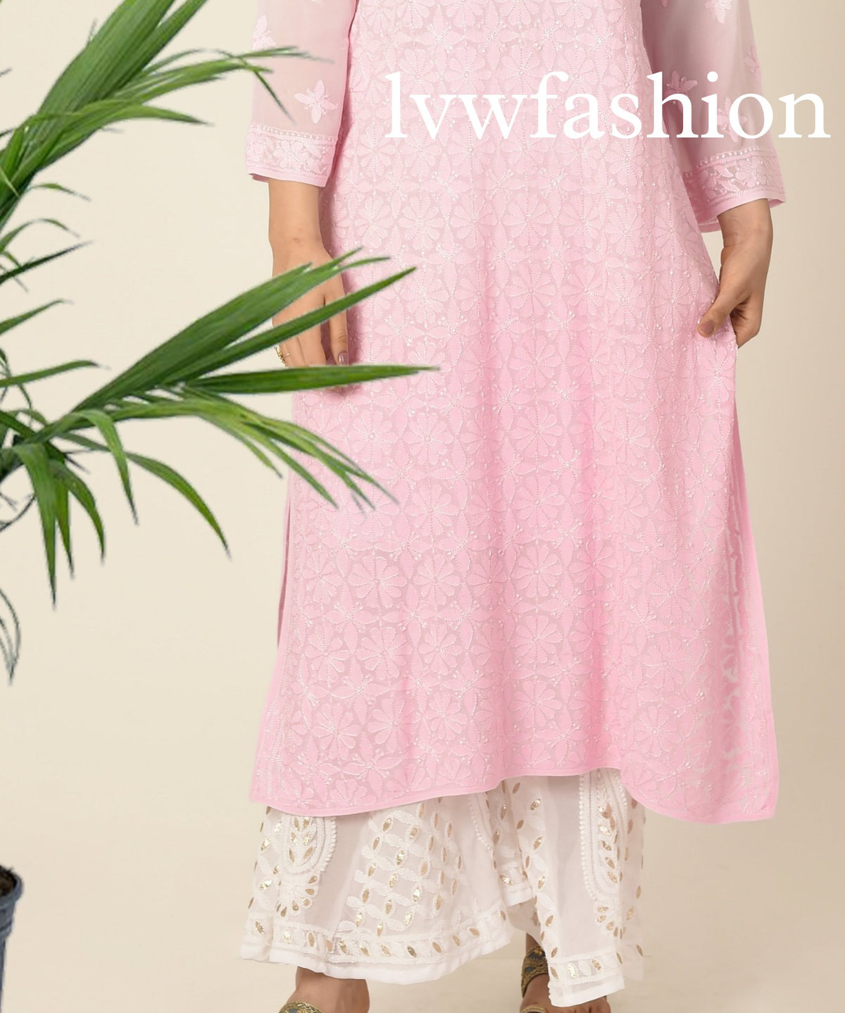 Pink and white premium georgette kurta and sharara set with intricate chikankari embroidery by LVW Fashion.