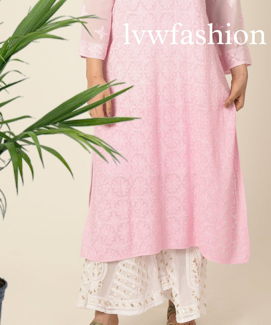 Pink and white premium Georgette Kurta and Sharara set with intricate Chikankari embroidery by LVW Fashion.