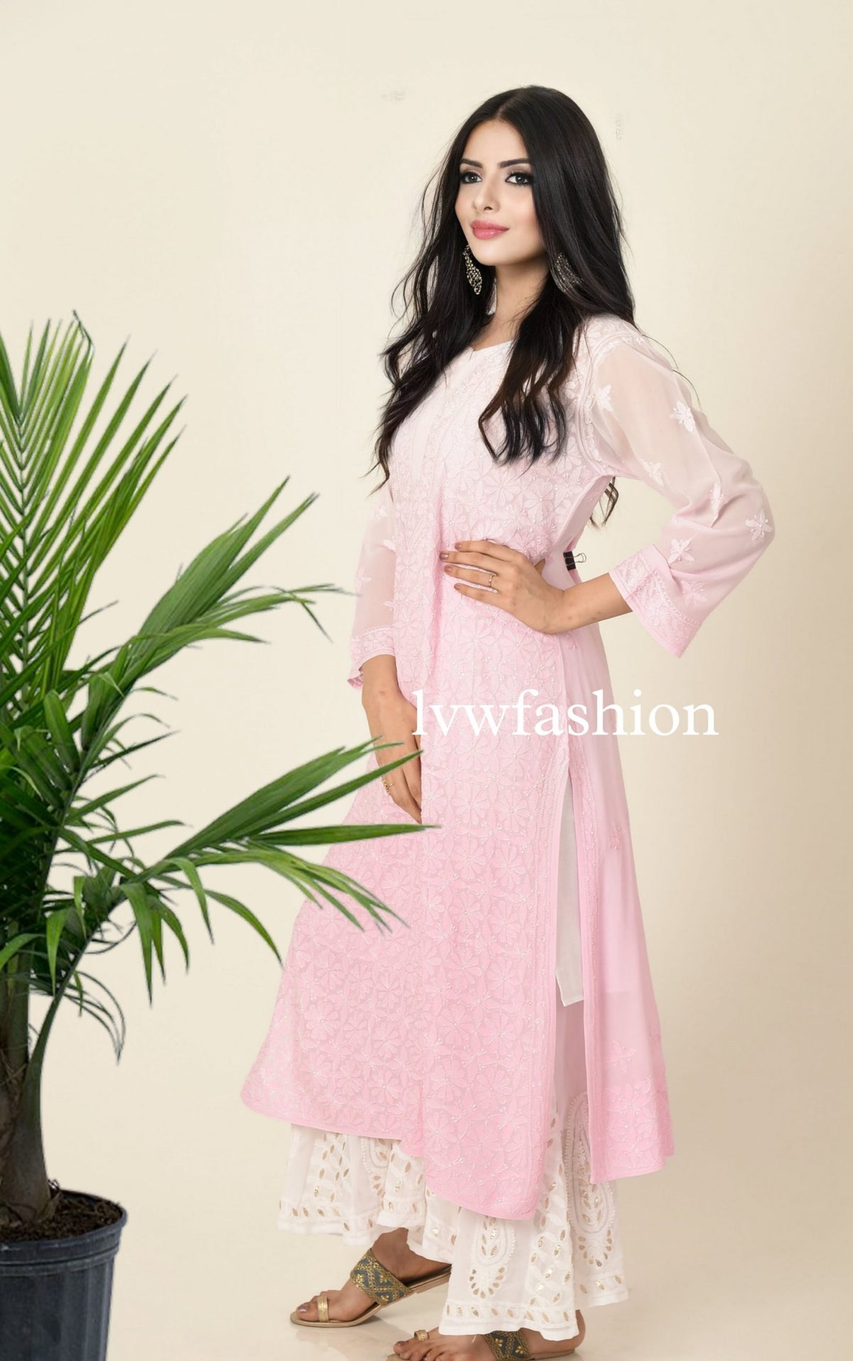 Pink and white premium georgette kurta and sharara set with luxurious Chikankari embroidery by LVW Fashion.