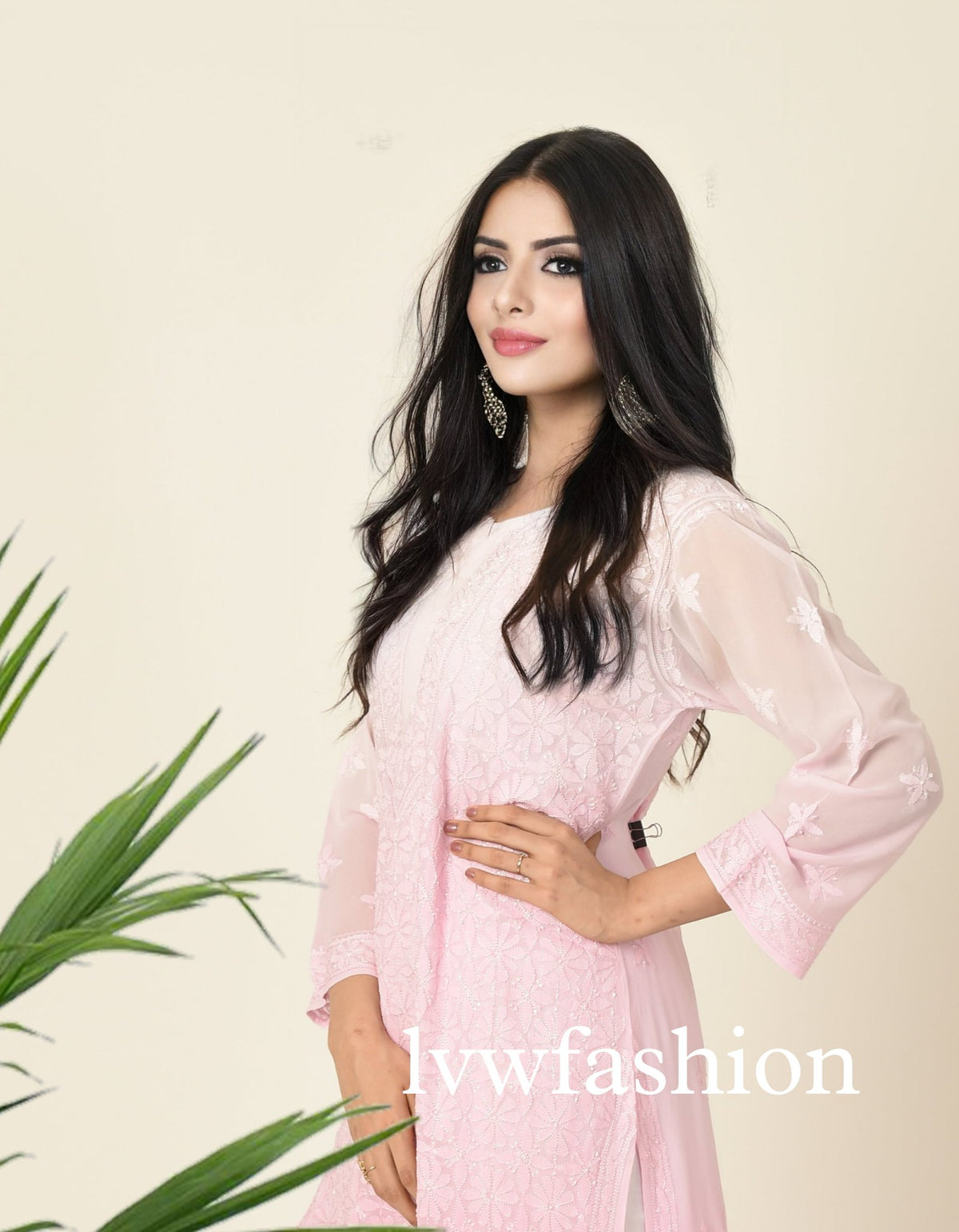 Pink and white premium Georgette Kurta and Sharara set with intricate Chikankari embroidery from LVW Fashion.