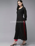 Premium black georgette long kurta with slip from LVW Fashion Luxurious Chikankari, featuring intricate embroidery and traditional design.