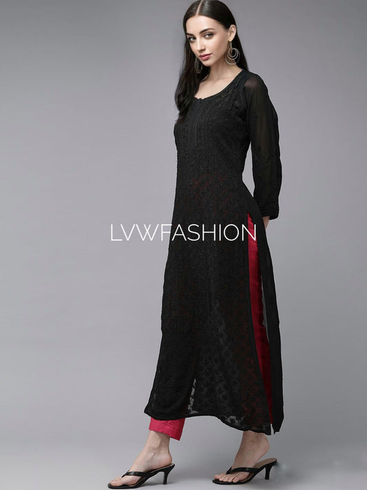 Black georgette long kurta with intricate chikankari embroidery from LVW Fashion, featuring a matching slip underneath.