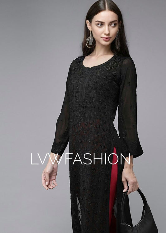 Black georgette long kurta with intricate white chikankari embroidery and matching slip from LVW Fashion Luxurious Chikankari.
